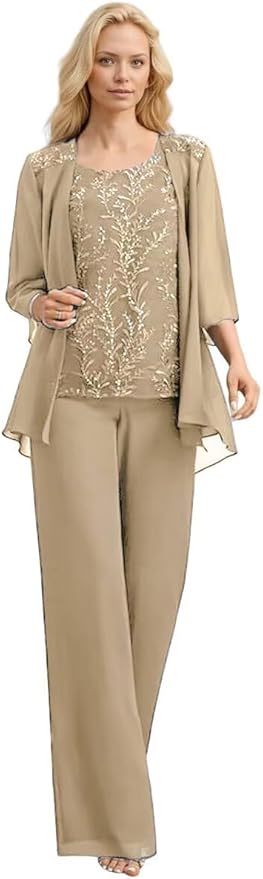 3 Pieces Mother of The Bride Pant Suits Long Laces Appliques 3/4 Sleeves Chiffon Mother of The Groom Dress