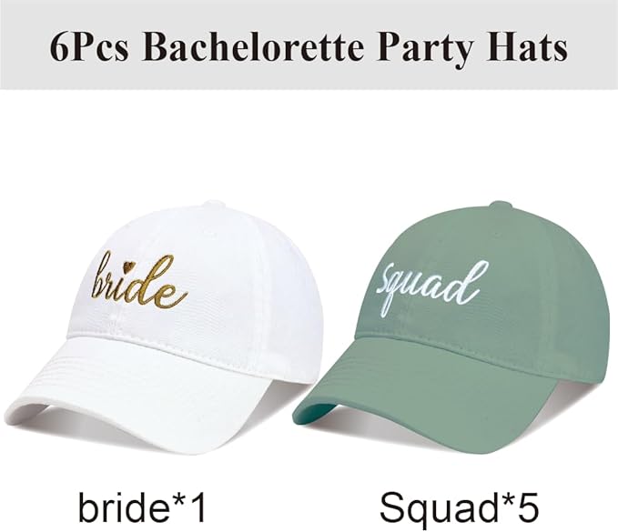 PartyGifts&beyond 6Packs Bachelorette Hat Bridesmaid Hat Bachelorette Party Favors Embroidered Bride Squad Baseball Cap