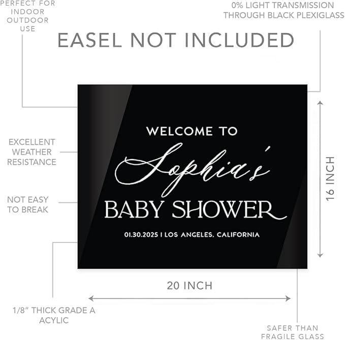 Andaz Press 16"x20" Black Acrylic Personalized Baby Shower Welcome Sign, Gender Neutral Large Custom Sign for Easel Stand, Baby Shower Decorations