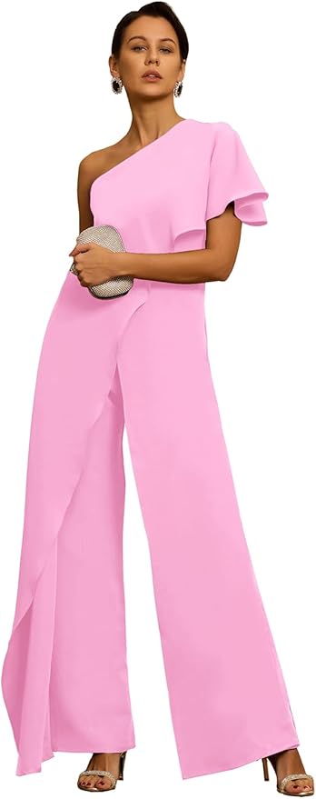 Mother of The Bride Jumpsuit Chiffon One Shoulder Ruffles Wedding Guest Pantsuit for Women