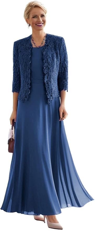 2 Pieces Mother of The Bride Dresses for Women Laces Mother of The Groom Dress 3/4 Sleeve Chiffon Formal Evening Dresses