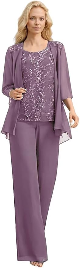 3 Pieces Mother of The Bride Pant Suits Long Laces Appliques 3/4 Sleeves Chiffon Mother of The Groom Dress