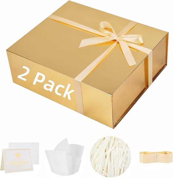 UoeRing 2 Pack Extra Large Gold Gift Box 17x14.5x6 inch Luxury Gift Box for Presents with Magnetic Closure Lid Collapsible,Birthday,Christmas,Contains Card, Ribbon,Tissue Paper,Shredded Paper Filler