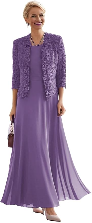 2 Pieces Mother of The Bride Dresses for Women Laces Mother of The Groom Dress 3/4 Sleeve Chiffon Formal Evening Dresses