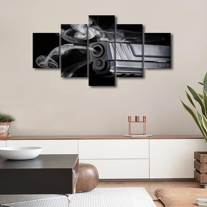 5 Pieces Canvas Prints Wall Art - Gun Canvas Wall Art Gun Fire Smoke Painting Picture Artwork/Modern Wall Decor/Home Decoration Stretched Gallery Canvas Wrap Giclee Print & Ready to Hang 60x32 in