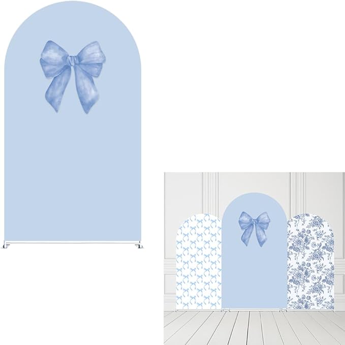 Blue Bows Birthday Party Arch Backdrop Covers Baby in Blooms Floral Baptism Shower Wedding Parties Decorations Top Round Arch Stand Spandex Cover (4098,5x3ft)