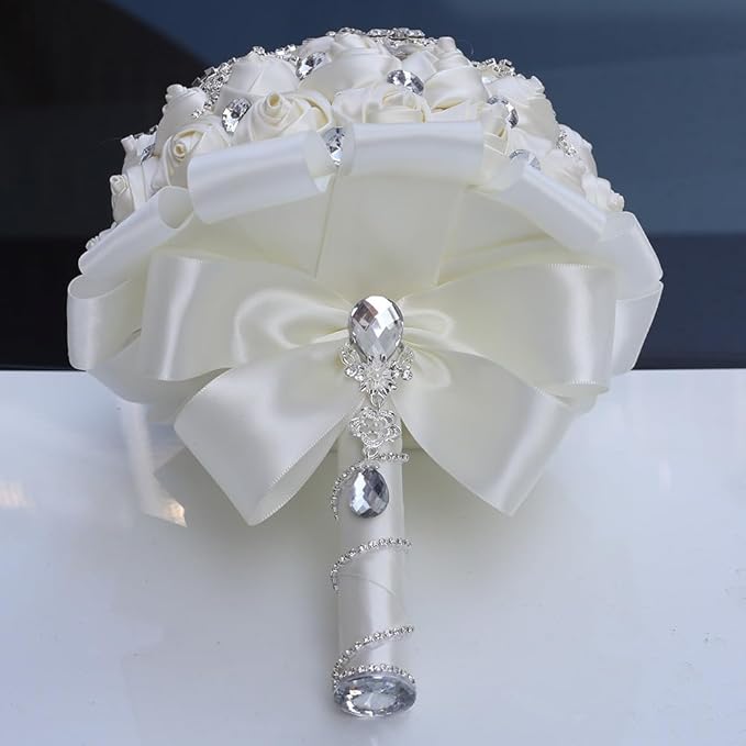 Luxury Brooch Bridal Wedding Bouquet for Bride Bridesmaid Quinceanera with Bling Rhinestones Satin Rose Flower Wedding Bouquet Ivory 8.3in