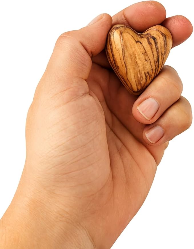 Zuluf Set of 10 Olive Wood Hearts 1.7 x 1.5 Bulk Pack Hand Carved Wooden Hearts Wedding Favors Party Pack Valentine Bowl Filler Rustic Home Decorations Handmade in Bethlehem w/Certificate