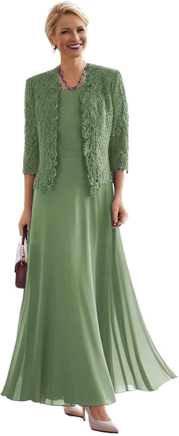 2 Pieces Mother of The Bride Dresses for Women Laces Mother of The Groom Dress 3/4 Sleeve Chiffon Formal Evening Dresses