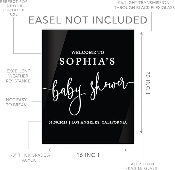 Andaz Press 16"x20" Black Acrylic Personalized Baby Shower Welcome Sign, Gender Neutral Large Custom Sign for Easel Stand, Modern Baby Shower Decorations