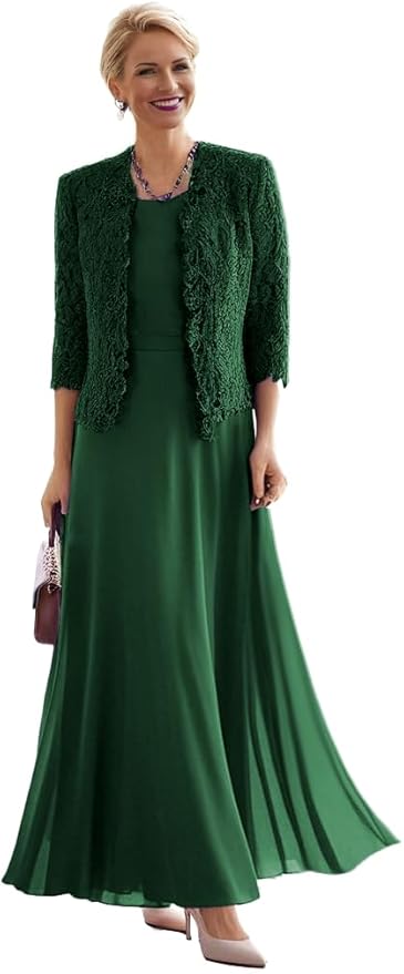 2 Pieces Mother of The Bride Dresses for Women Laces Mother of The Groom Dress 3/4 Sleeve Chiffon Formal Evening Dresses