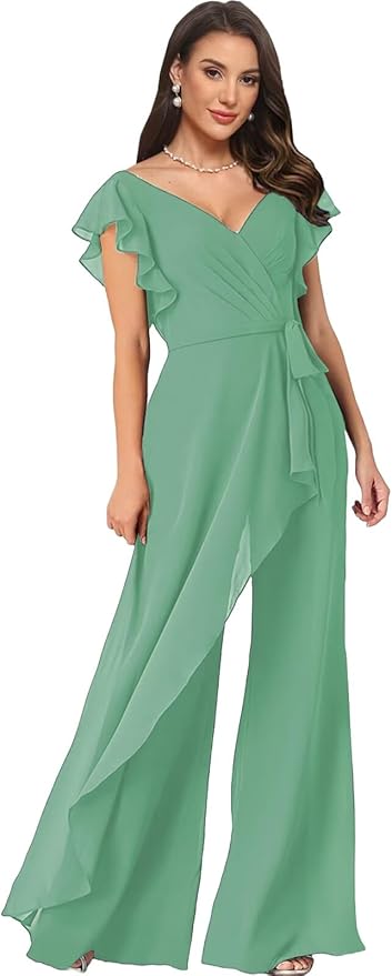 Chiffon Mother of The Bride Jumpsuits for Women Asymmetrical Pant Suits Flutter Sleeve V Neck Formal Evening Outfits