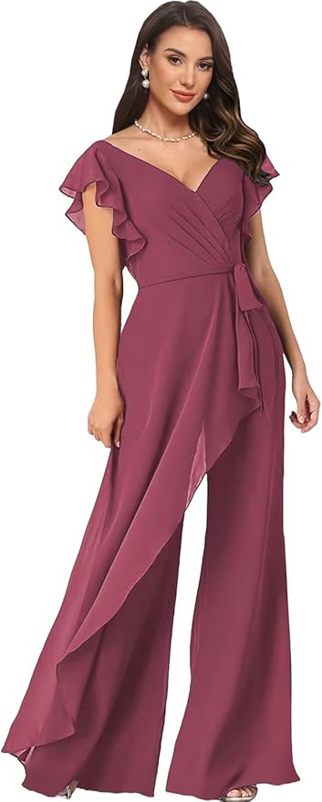 Chiffon Mother of The Bride Jumpsuits for Women Asymmetrical Pant Suits Flutter Sleeve V Neck Formal Evening Outfits