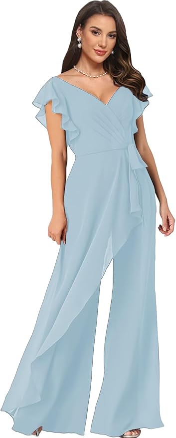 Chiffon Mother of The Bride Jumpsuits for Women Asymmetrical Pant Suits Flutter Sleeve V Neck Formal Evening Outfits