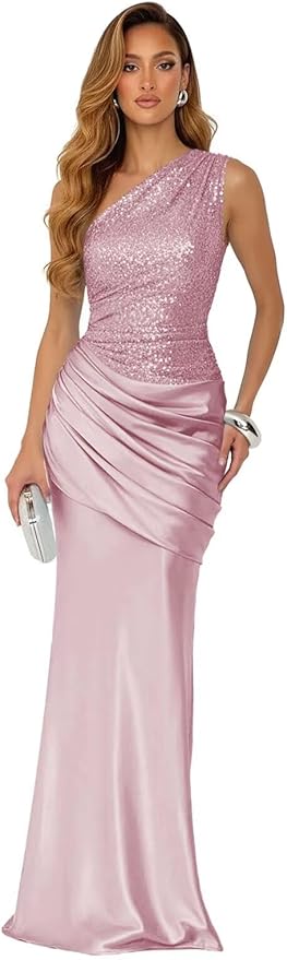 Sparkly Sequins Mermaid Prom Dress 2026 for Women Long Satin One Shoulder Asymmetrical Pleated Formal Evening Gown