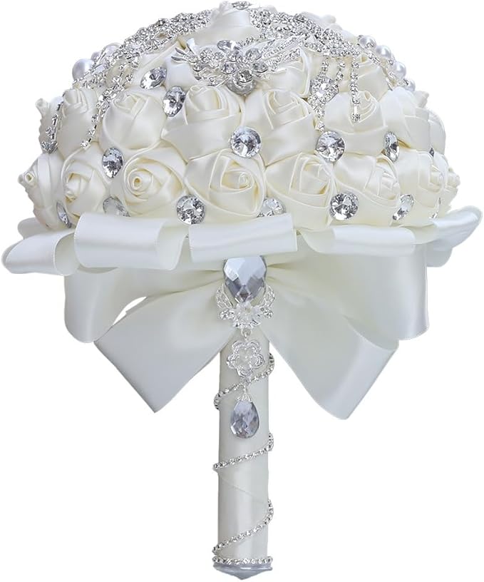 Luxury Brooch Bridal Wedding Bouquet for Bride Bridesmaid Quinceanera with Bling Rhinestones Satin Rose Flower Wedding Bouquet Ivory 8.3in