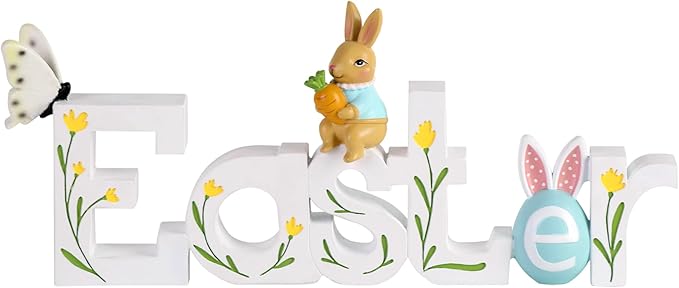 NIKKY HOME Easter Decor for Table, Easter Bunny Sign Table Decor, Cute Rabbit Centerpiece Resin Holiday Decorations for Home Kitchen Spring Decors for Gifts