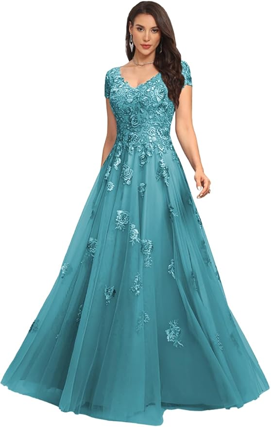 Mother of The Bride Dresses Sleeve Laces Applique V Neck Evening Gowns Cap Sleeves Grandmother of The Groom Dress