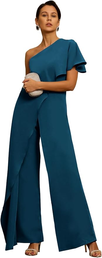 Mother of The Bride Jumpsuit Chiffon One Shoulder Ruffles Wedding Guest Pantsuit for Women