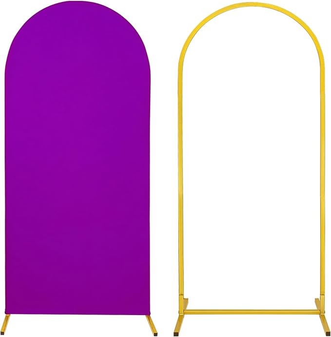Metal Arch Stand and Cover Set,1 Purple Spandex Fitted Backdrop with 1 Gold Wedding Arched Stand Frame for Parties Birthday Baby Shower Bridal Banquet Decoration (6FT)