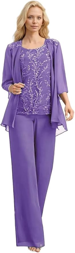 3 Pieces Mother of The Bride Pant Suits Long Laces Appliques 3/4 Sleeves Chiffon Mother of The Groom Dress