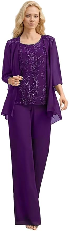 3 Pieces Mother of The Bride Pant Suits Long Laces Appliques 3/4 Sleeves Chiffon Mother of The Groom Dress