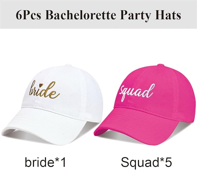 PartyGifts&beyond 6Packs Bachelorette Hat Bridesmaid Hat Bachelorette Party Favors Embroidered Bride Squad Baseball Cap