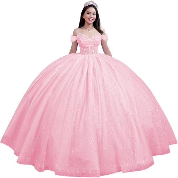 Youjiayi Glitter Tulle Quinceanera Dresses with Train Off Shoulder Beaded Sweet 16 Dresses Pleated Long Ball Gown for Women
