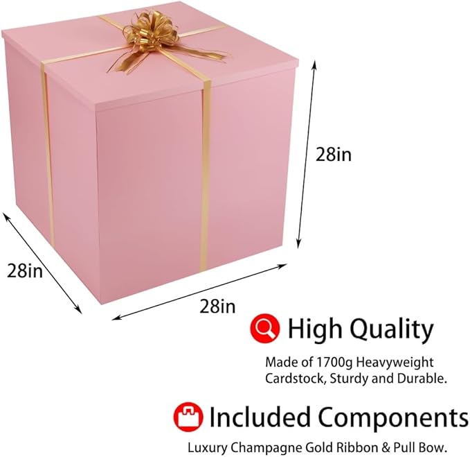 Extra Large Gift Box with Lid 28x28x28 Inches, Pink Big Gift Box for Gender Reveal, Giant Gift Boxes with Lids for Presents Packaging for Birthday Surprise, Christmas, Anniversaries, Wedding Party
