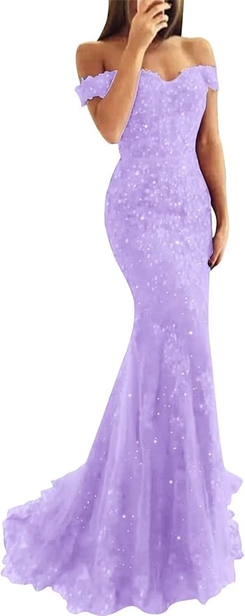 Tulle Long Prom Dresses Off The Shoulder Mermaid Dress with Elegant Laces Appliques Formal Evening Party Gowns