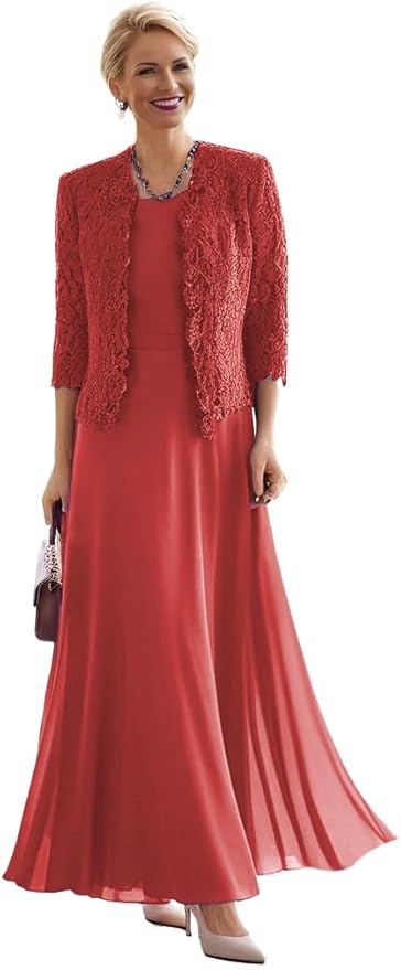 2 Pieces Mother of The Bride Dresses for Women Laces Mother of The Groom Dress 3/4 Sleeve Chiffon Formal Evening Dresses