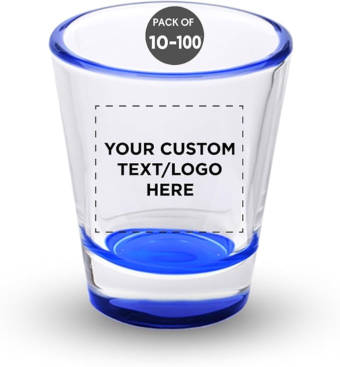 DISCOUNT PROMOS Custom Shot Glasses 1.75 oz. Set of 10/50/100, Personalized Bulk Pack - Great for Wedding Favors, Bachelorette Decorations, Party Favors - Blue Bottom Color
