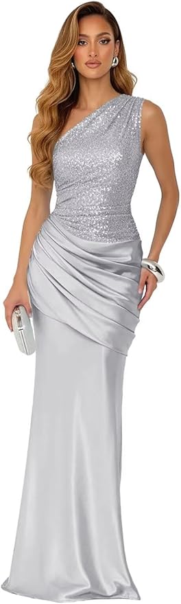 Sparkly Sequins Mermaid Prom Dress 2026 for Women Long Satin One Shoulder Asymmetrical Pleated Formal Evening Gown