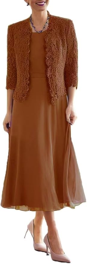 Tea Length Grandmother of The Bride Dresses with Jackets Elegant Laces Mother of Bride Dress for Wedding Guests