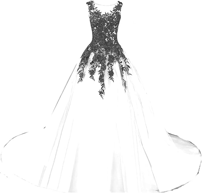 Kivary Gothic Gray Tulle Long Black Lace Sheer Bateau Prom Wedding Dresses