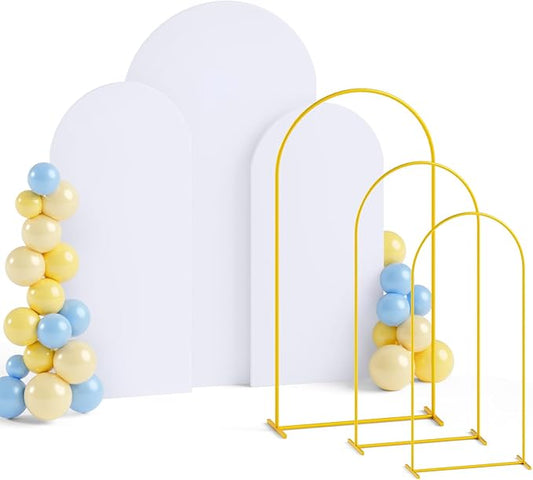 Metal Arch Backdrop Stand and Cover 6&6.6&7.2ft White Arch Backdrop Covers Gold Wedding Arched Frame Set of 3 Arch Stand with Cover for Baby Shower Wedding Banquet Reception Decor