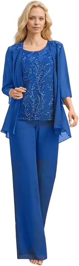 3 Pieces Mother of The Bride Pant Suits Long Laces Appliques 3/4 Sleeves Chiffon Mother of The Groom Dress
