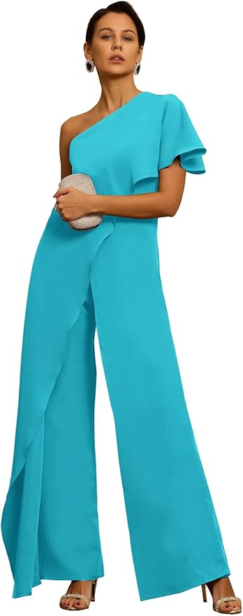 Mother of The Bride Jumpsuit Chiffon One Shoulder Ruffles Wedding Guest Pantsuit for Women