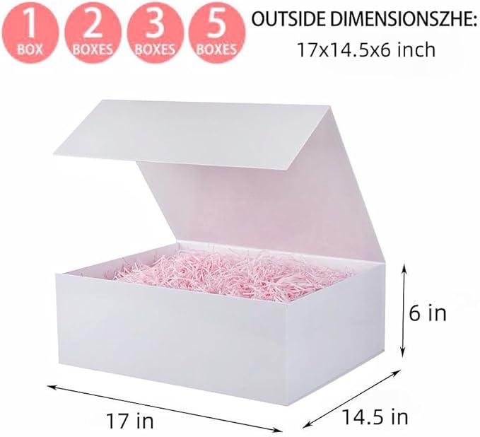 UoeRing 5 Pack Extra Large White Gift Box 17x14.5x6 inch Luxury Bridesmaid Box for Presents with Magnetic Closure Lid Collapsible,Contains Card, Ribbon,Tissue Paper,Shredded Paper Filler