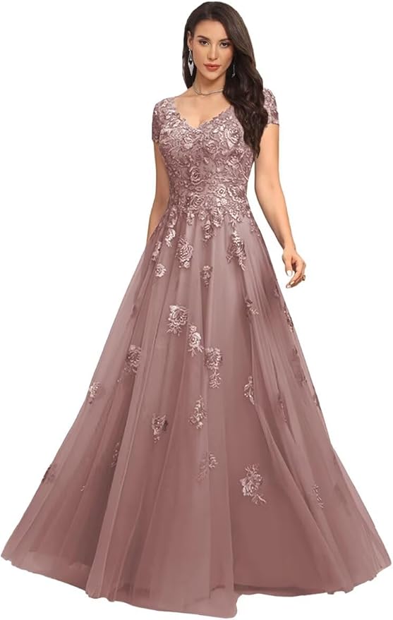 Mother of The Bride Dresses Sleeve Laces Applique V Neck Evening Gowns Cap Sleeves Grandmother of The Groom Dress