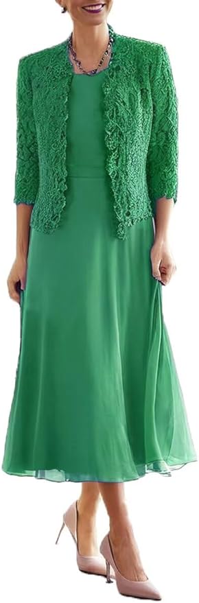 Tea Length Grandmother of The Bride Dresses with Jackets Elegant Laces Mother of Bride Dress for Wedding Guests