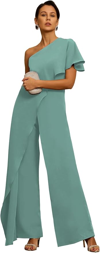 Mother of The Bride Jumpsuit Chiffon One Shoulder Ruffles Wedding Guest Pantsuit for Women