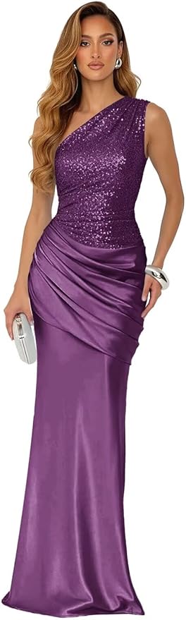 Sparkly Sequins Mermaid Prom Dress 2026 for Women Long Satin One Shoulder Asymmetrical Pleated Formal Evening Gown