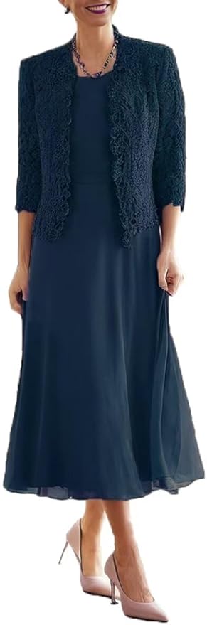 Tea Length Grandmother of The Bride Dresses with Jackets Elegant Laces Mother of Bride Dress for Wedding Guests