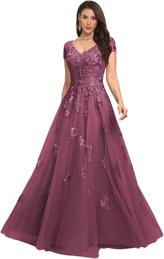 Mother of The Bride Dresses Sleeve Laces Applique V Neck Evening Gowns Cap Sleeves Grandmother of The Groom Dress