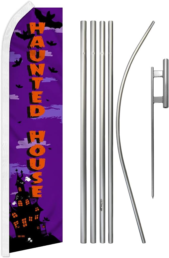 Haunted House Swooper Advertising Flag & Pole Kit - Perfect for Haunted Houses, Haunted Mazes, Halloween Stores, Halloween Decor, Parties, Events