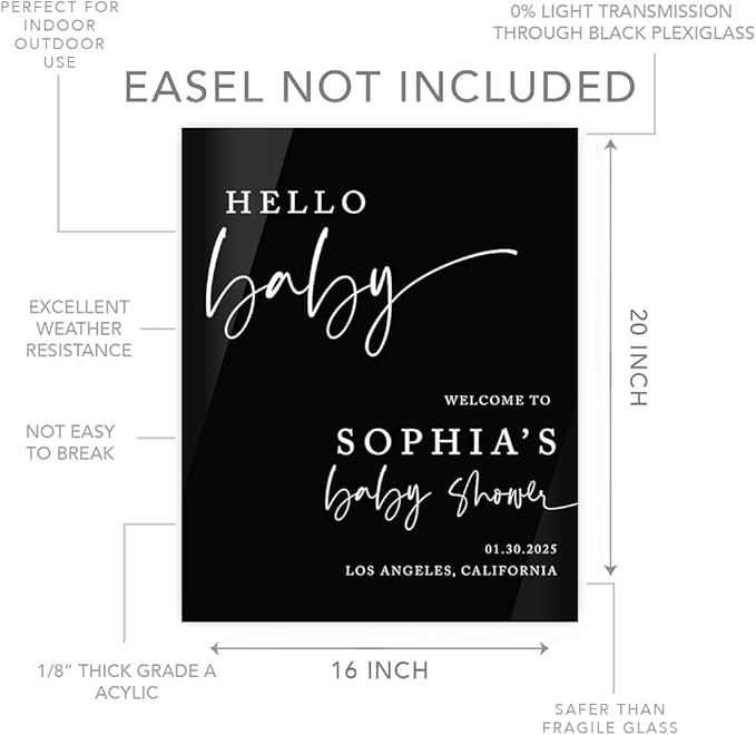 Andaz Press 16"x20" Black Acrylic Personalized Baby Shower Welcome Sign, Gender Neutral Large Custom Sign for Easel Stand, Modern Hello Baby Shower Decorations
