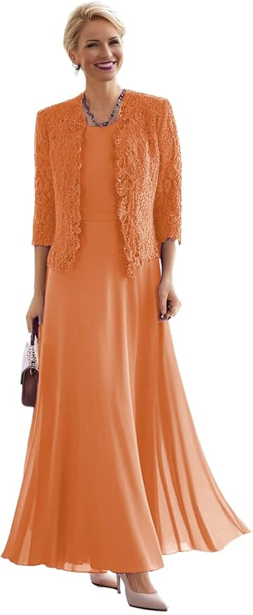 2 Pieces Mother of The Bride Dresses for Women Laces Mother of The Groom Dress 3/4 Sleeve Chiffon Formal Evening Dresses