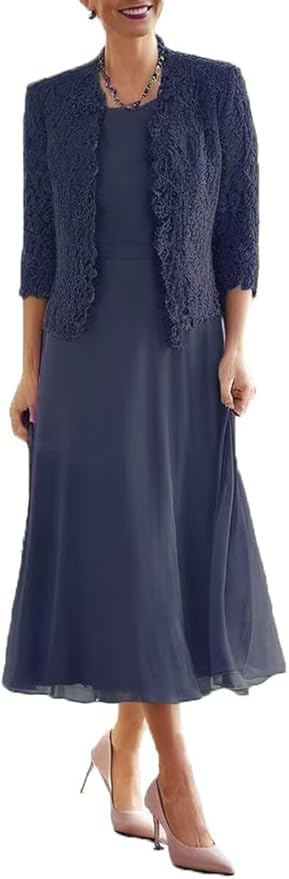 Tea Length Grandmother of The Bride Dresses with Jackets Elegant Laces Mother of Bride Dress for Wedding Guests