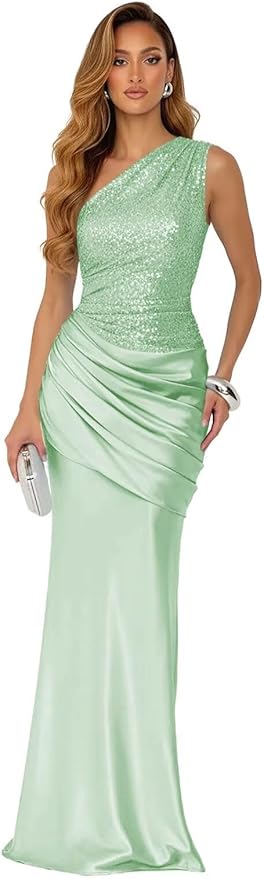Sparkly Sequins Mermaid Prom Dress 2026 for Women Long Satin One Shoulder Asymmetrical Pleated Formal Evening Gown